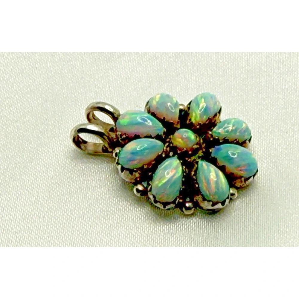 Vintage Zuni Eriacho Sterling Silver Opal Cluster Floral Pendant One of a Kind